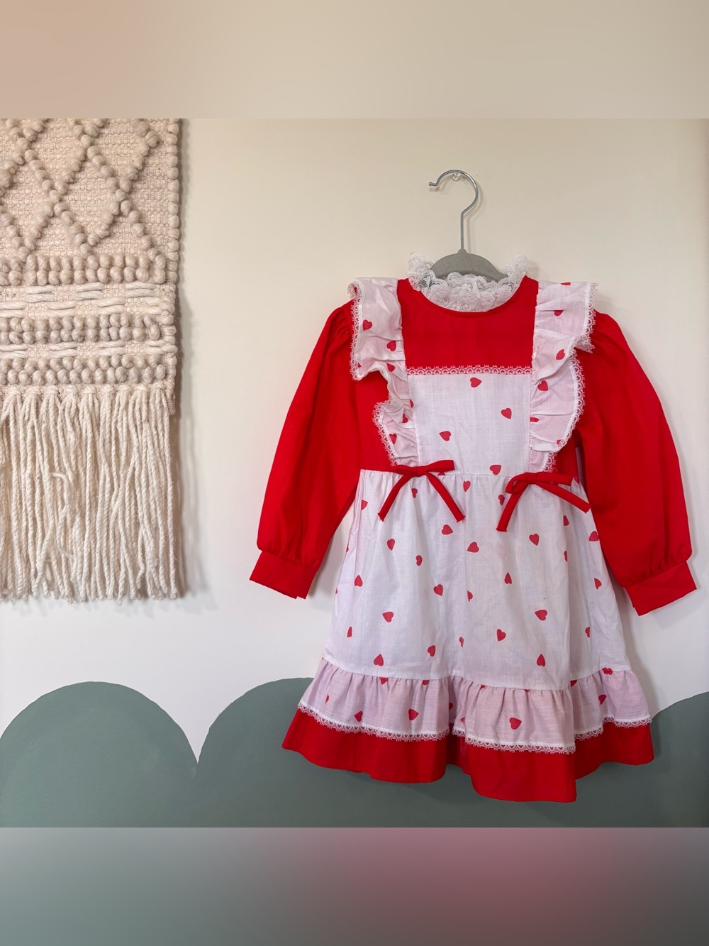 Vintage Toddler Red and White Heart Print Ruffle Dress